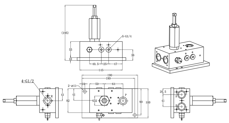Technische tekening van DU-C hydraulische omschakelkleppen
