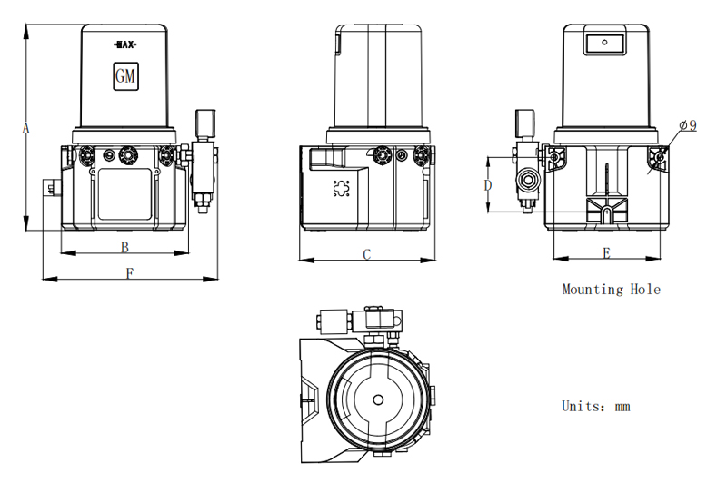 Technische tekening van GMS Enkellijnsmeerpomp
