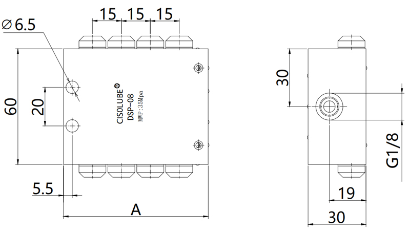 Technische tekening van de DSP-verdeelklep Technische tekening van de DSP-verdeelklep
